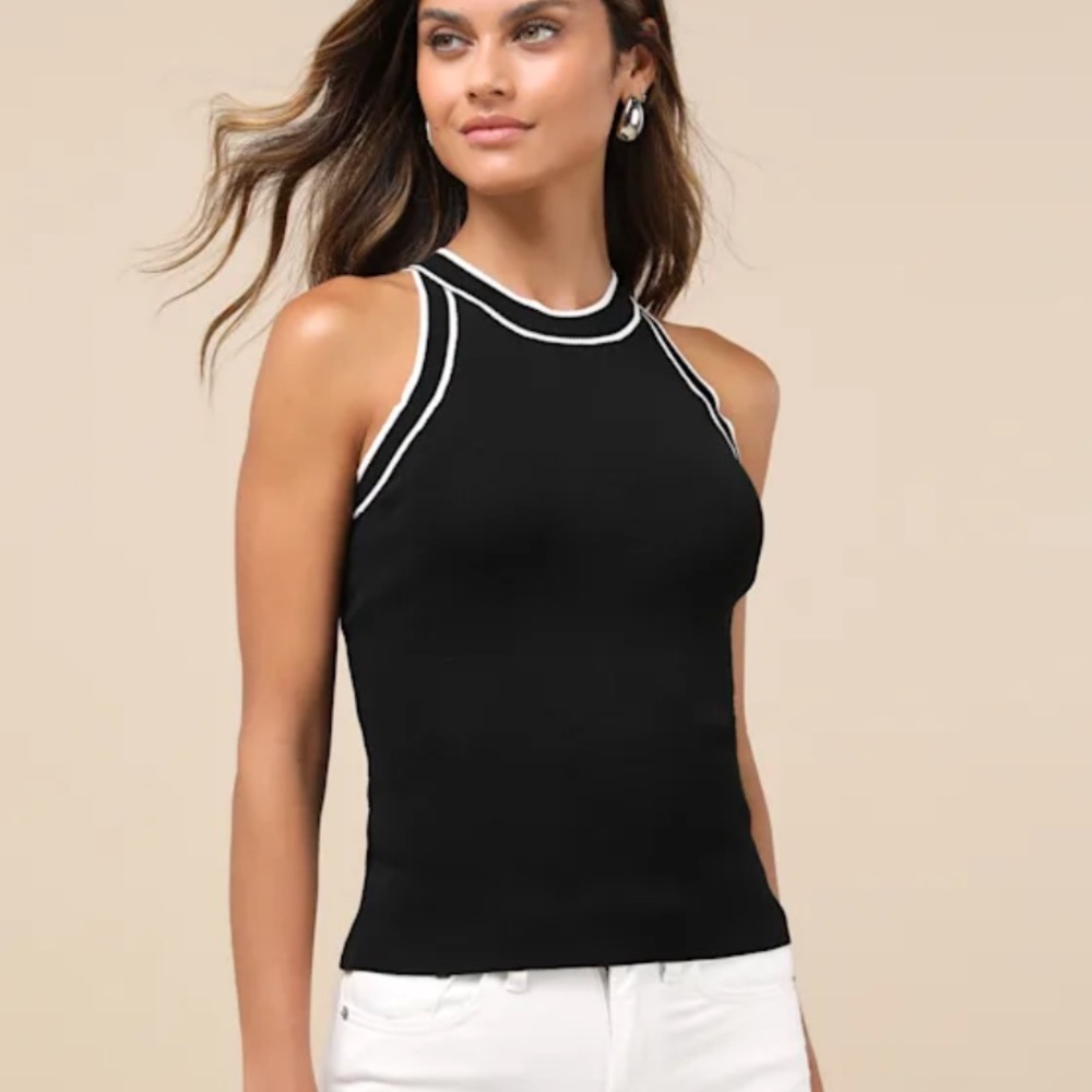 NWT Lulus Chic Weekend Black & White Crew Neck Sweater Knit Tank Top Size XS